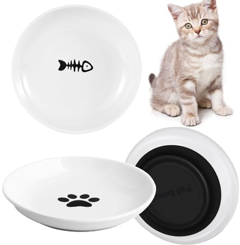 3 Pièces Gamelle Chat Céramique avec Base Silicone Antidérapante, Gamelle Chat Plat Large pour Fatigue Barbe Soulager,Assiettes Chatons pour Nourriture,Eau, Plats Nourrir avec Patte Chat,Petit Poisson
