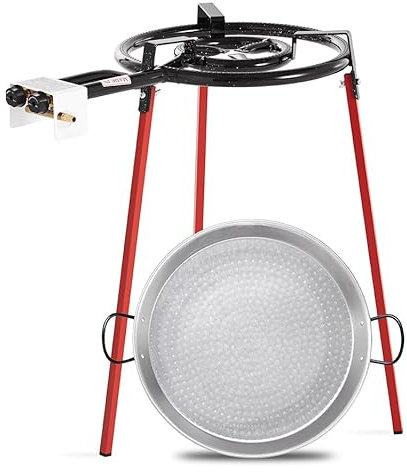 Paella Cooking Set with Polished Steel Paella Pan, Gas Burner, Legs and Skimming Spoon - Paellera Set for use at Home or Garden Outdoor Cooking (46cm Pan with 35cm 2 Ring Burner)