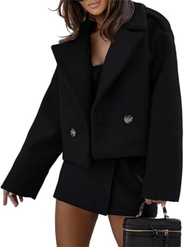 xxxiticat kvinnors ull blandning cropped trench rock höst vinter ärta rock dubbel bröst blazer jackor mode rock, svart, M