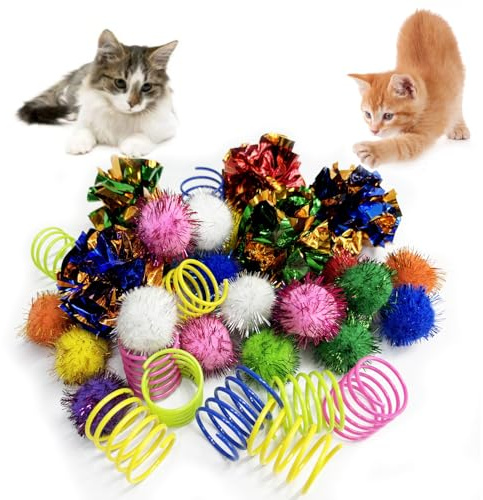 hersmile Cat Toys for Indoor,35 Pack Interactive Cat Toy Pack Including Crinkle Balls,Sparkle Balls,Spiral Springs for Most Cats,Interactive Toys for Cats Ball Toys Products Kitten Toys Random Color