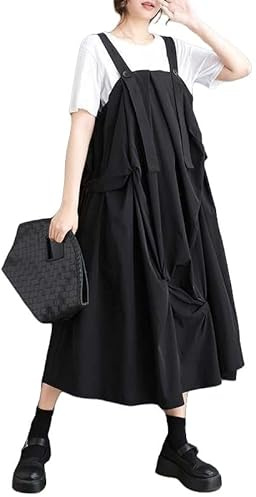 LIUYUYOUGO Robe Femme Ete Robe Chasuble Noire Longue Asymétrique pour Femme Salopette Bretelles Réglables sans Manches Débardeur Mode Estivale Ample Coupe Trapèze Robes Midi