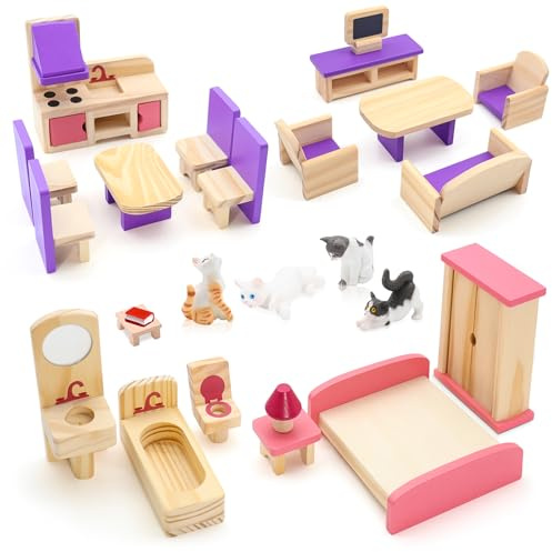 25PCS Wooden Doll House Furniture Set,Realistic Dollhouse Accessories with Bedroom,Living Room,Dining Room Accessories,Mini Cats for Pretend Play Educational Toys for Girls Boys Children Toddlers 3+