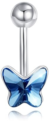 POPLYKE Butterfly Belly Button Ring Sterling Silver Blue Crystal Belly Button Ring Navel Piercing Jewellery for Women
