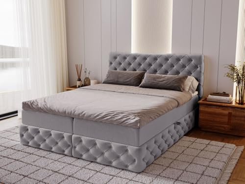GRAINGOLD Canolo Lit 160x200, Boxspring avec Coffre de Rangement, Rembourré avec Matelas à Ressorts Bonell, Lit Double, Tissu en Velours, avec Surmatelas, avec Tête de Lit (Gris, 160x200)