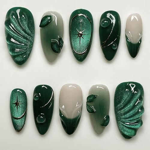 Ensemble de faux ongles press-on Nymora fait main - 24 ongles noirs verts 3D feuille tombante Jelly Gel à coller - Parfait pour femmes et filles