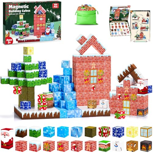 ECHOBUY Magnetiska byggstenar jul, 150 stycken magnetiska byggklossar, magnetisk byggvärld, kreativ Montessori, pojkar och flickor från 3 år