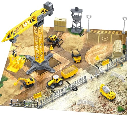 Maycoly Construction Vehicle Set Tower Crane Toy Sets Construction Scene Play Set with Excavator, Tipper Truck,Cement Mixer,Tractor,Rotating Crane,Storage Vehicle Carrier Construction Toys for Kid 3+