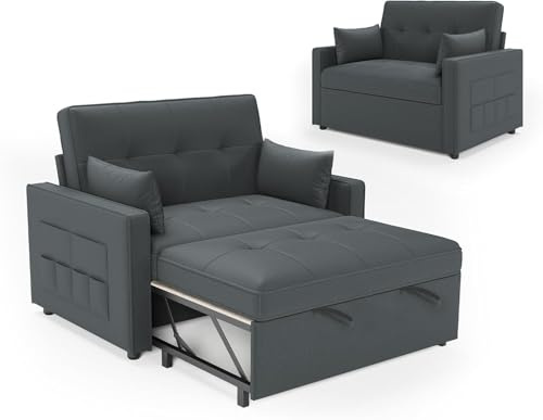 LUXOAK Sofa Bed 186 x 122 cm, 3-in-1 Sleeper Sofa, Dark Gray Linen | 5-Position Adjustable Backrest, 12cm Thick Cushion, Practical Side Pockets, Solid Wood & Metal Frame, Easy-Care Fabric