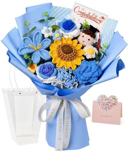 Wishwell Pop Crochet Graduation Flower Bouquet, Sunflower Rose Tulip, Blue | Handmade Knitted Flower Gift for Graduates, Friends, Teachers and Loved Ones on Graduation, Birthday, Anniversary
