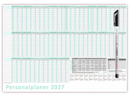 Urlaubsplaner/Personalplaner 2027 nass abwischbar mit Folienkaschierung plus Folienstift - DIN B1 Format (1000 x 700mm) 22 Mitarbeiter Januar bis März Folgejahr mit Schulferien (gerollt!)