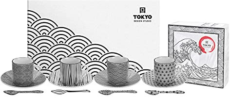 TOKYO design studio Nippon Black Espresso-Set schwarz-weiß, 12-TLG., 4X Espresso-Tassen mit Untertassen und Löffeln, asiatisches Porzellan, Japanisches Design, inkl. Geschenk-Verpackung