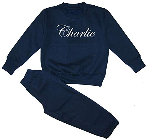 Kids Essentials Personalised Boys Girls Baby Name Tracksuit Sweatshirt Joggers Loungewear (Navy, 5-6 Years)