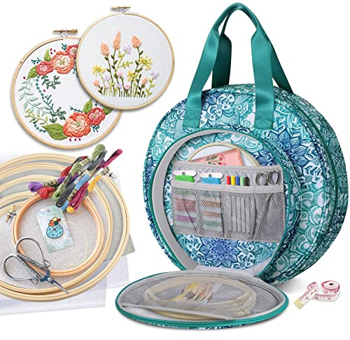 FINPAC Embroidery Project Bag, Embroidery Supplies Storage Carrying Tote Case with Multiple Pockets for Floss, Hoops, Thread, Stitch Tools Kit [Bag Only], Emerald Illusions