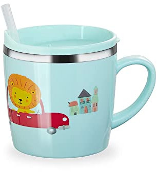 Valueder Kids Baby Toddler Cups Mug Sippy Learning Trainer Cup for Milk Coffee Hot Chocolate Stainless Steel Trainer Straw Cup with Lid, Lion, 7oz/Peacock blue