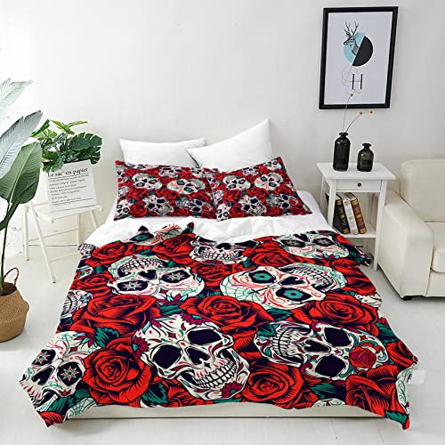 ANHOPE Day of Dead Duvet Cover Set Soft Comforter Cover Sugar Skull Red Rose Print Pattern 3 Piece Bedding Set with Pillowcase All Season Quilt Cover with Zipper for Kids Adults Single Size
