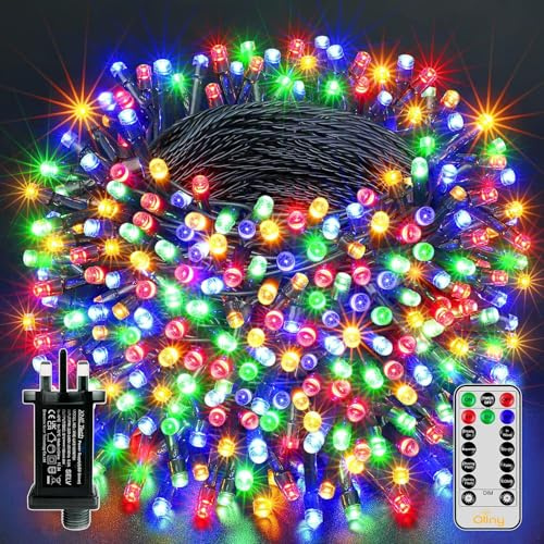 Ollny Christmas Tree Lights Outdoor, 20m 200 LED Fairy Lights Mains Powered, Multicolour Waterproof String Light with Plug/Remote/Modes/Timer, Bright Lighting Outside Indoor Garden Xmas Decorations