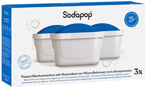 Sodapop Wasserfilter-Kartuschen Magnesium, 3 Stück, kompatibel mit BRITA®* MAXTRA®* und MAXTRA+®* Wasserﬁlter-Kannen inkl. PerfectFit* System, reinigt das Trinkwasser und reichert es mit Magnesium an