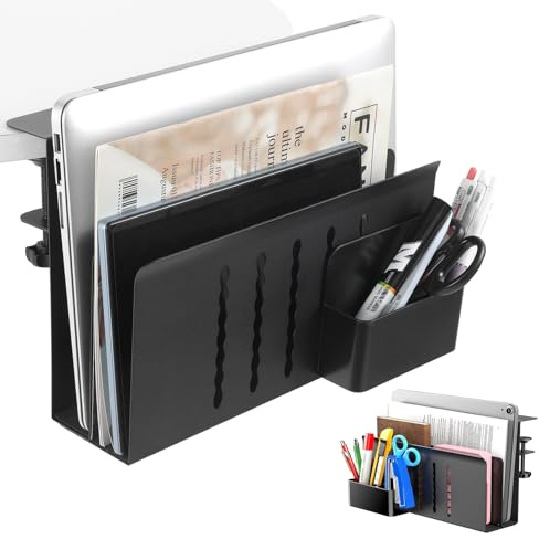 Schreibtisch-Seitenaufbewahrung – 2-stöckiger Schreibtisch-Organizer für Laptop, zum Klemmen, Schreibtisch-Laptop-Halter für Aktenbüro, Klemme an der Seite mit magnetischem Stifthalter, kein Bohren