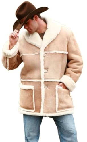 Men's Shearling Leather Coat 100% Suede Faux Fur lined Sheepskin Jacket (US, Alpha, 3X-Large, Regular, Regular, Tan Brown)