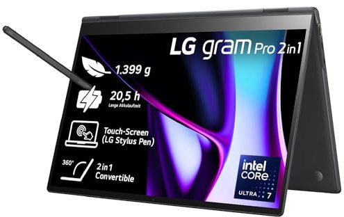 2024 LG gram Pro 16 Zoll 2in1 Notebook - 1399g Intel Core Ultra7 Laptop (16GB RAM, 1TB Dual SSD, 20,5h Akkulaufzeit, OLED Touch Panel, LG Stylus Pen, Win 11 Pro) - Schwarz