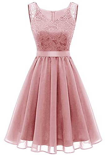 VEMOW Vestido Cóctel Fiesta Dama De Honor Mujeres V-Cuello Sin Mangas de Encaje Floral, Halter Gasa de Encaje Sexy Vestido Midi Corto Vintage 50s 60s A-línea Cóctel Noche de Boda(M Rosa,S)