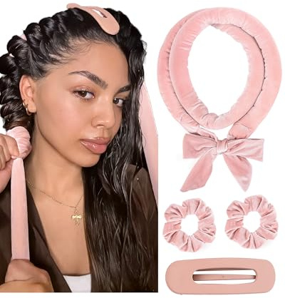 Yanibest Heatless Hair Curler, No Heat Hair Curlers to Sleep in, Super Soft Ribbon Wrap for Long Hair, Overnight Heatless Curling Set with Scrunchies and Clip, for All Hair types(Pink)