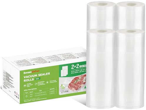 Bonsenkitchen Sacs sous Vide Alimentaire 2 Rouleaux 20 x 500cm+2 Rouleaux 28 x 500cm, pour la Conservation des Aliments Sous Vide Et la Cuisson Sous Vide, Sans BPA, VB42