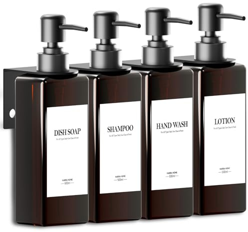 4 Pezzi Dispenser Sapone Doccia da Muro, Dispenser Sapone Bagno Senza Foratura 500ml Marrone Dispenser Doccia Shampoo e Bagnoschiuma con Imbuto ed Etichette Tridimensionaliper Bagno, Cucina