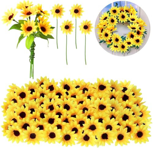 Wavwavw 50 Pcs 1.57 Inch Mini Artificial Sunflower Heads with Iron Stems for Home Party Decoration Wedding Decor, Bride Holding Flowers Centerpieces Wreath Garden DIY Art Decor Crafts