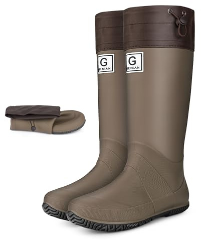 Women’s Mid-Calf Rain Boots – Waterproof Foldable Rubber Boots with Adjustable Cuff, Anti-Slip Sole, Lightweight (Brown)