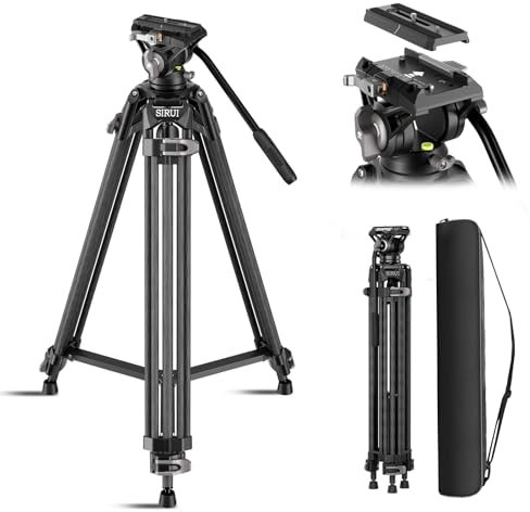 SIRUI Tripode de video de fibra de carbono, rápido y resistente a 73 pulgadas, con cabeza fluida y bloqueo de placa QR