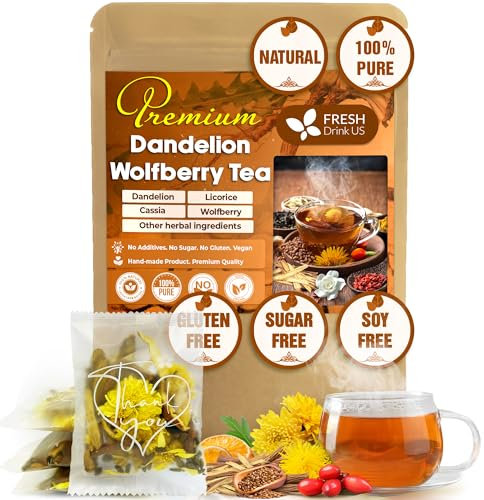 FreshDrinkUs,15 Dandelion Wolfberry Tea Bag, 7 Herbal Ingredients, Traditional Recipe Tea for Kidney & Liver, Natural Dandelion, Wolfberry, Gardenia, Cassia Seed, Chrysanthemum, Licorice, Orange Peel