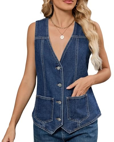 AUKLETBLIEF Damen Sommer Crop Tops ärmellose Denim Weste V-Neck Jacken (DE/NL/SE/PL, Alphanumerisch, S, Regular, Regular, Dunkelblau)