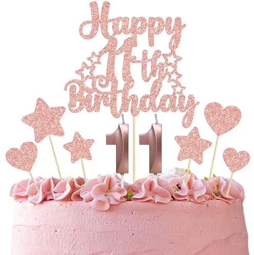 Gyufise 15Pcs Happy 11th Birthday Cake Topper Set Heart Star Glitter Cheers to 11 Years Cake Picks Number 11 Candles Cake Decorations for Happy 11th Birthday Anniversary Party Supplies Rose Gold