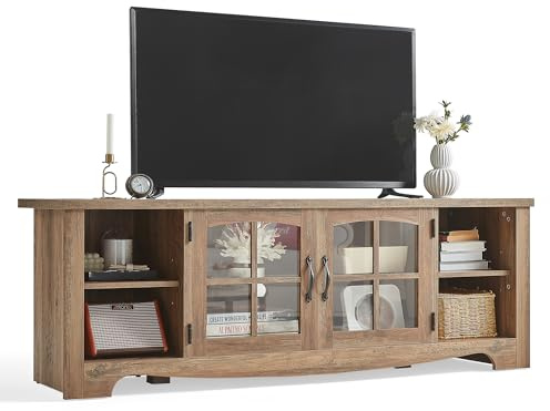 LINSY HOME TV Stand for 75 Inch TV, Modern Farmhouse Entertainment Center with Storage Cabinets and Glass Doors, Tall Media Console Table for Living Room, Bedroom, Large Long Television Stand, Brown