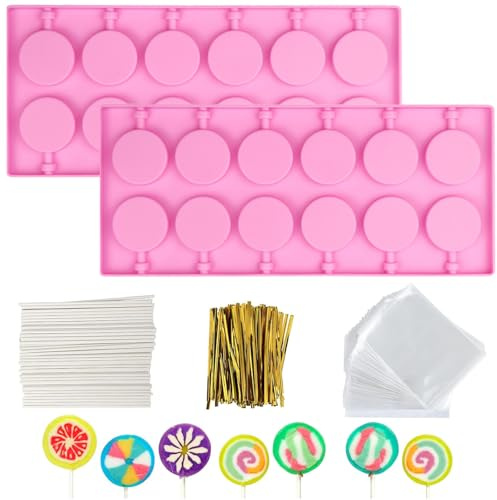 2PCS Silicone Cake Pop Mold Kits, 12 Cavities Cake Pop Baking Mold with 100PCS Treat Sticks, Bags and Twist Ties, Chocolate Lolly Moulds, for Hard Candy, Chocolate, Lollipop Mold