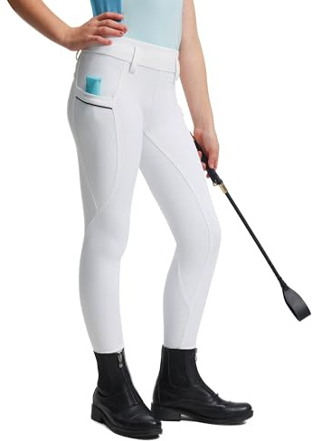 FitsT4 Sports Pantalones de equitación para niñas y niños, de silicona, con ribete completo, pantalones de equitación, elásticos, con 2 bolsillos laterales y trabillas para cinturón, Blanco, S