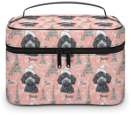 Grande borsa da viaggio in pelle per trucchi, organizer da viaggio con simpatico cucciolo di torre Eiffel, trousse per cosmetici da donna, per la cura della pelle delle unghie, organizer per trucchi
