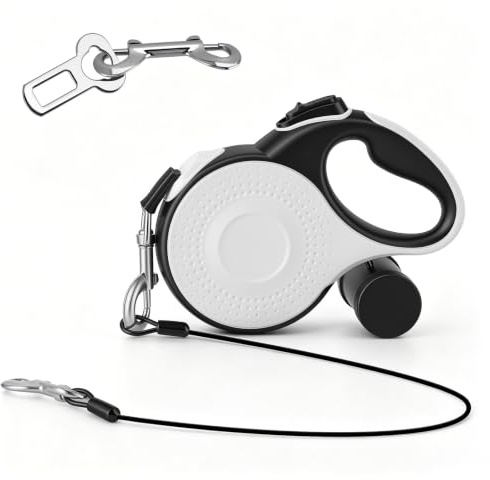 Correa retráctil para perros de 9 m con cuerda de acero resistente a mordeduras de 80 cm y dispensador de bolsas para excrementos, para perros grandes y medianos de hasta 50 kg, 360°, sin enredos