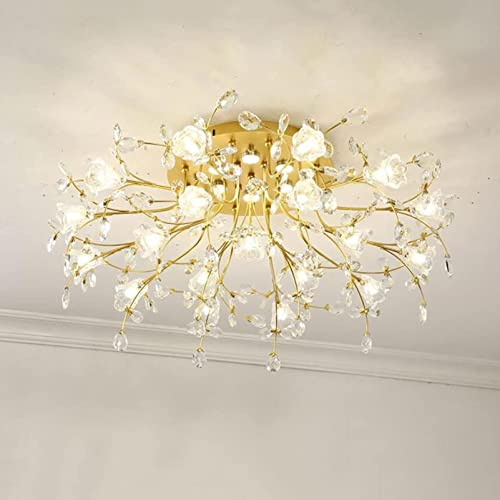 LED Chandeliers, Luxury Crystal Flowers Flush Mount Golden Metal Ceiling Lamp G4 Light Source Chandelier for Kitchen Island Living Room Dining Room,Hanging Light(x33cm)