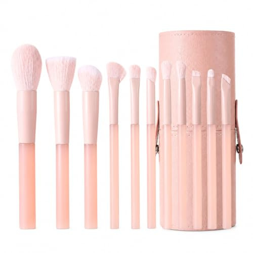 SZLIFE Kit Pinceaux Maquillage pour le Visage – Set Pinceaux Maquillage en Fibres Synthétiques, Ensemble de 11 pinceaux de maquillage pêche rose + pot
