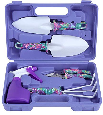 Coolty 5 Pièces Outils de Jardinage avec Boîte de Rangement avec Transplantoirs Ciseaux Herse Anti-Rouille Pulvérisateur(Violet)