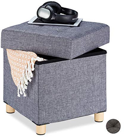 Relaxdays Sitzhocker mit Stauraum, weich gepolstert, gesteppt, Stoffbezug, Sitzwürfel, HxBxT: 40 x 38 x 38 cm, grau