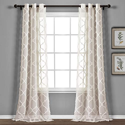 Lush Decor Avon Trellis Grommet Sheer Window Curtain Panels Pair 38 W x 95 L Beige - Sheer Curtains for Living Room - Modern Farmhouse Bedroom Curtains