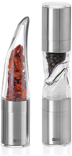 AdHoc Geschenkset Groß: Chilischneider Pepe & Doppelmühle Duomill Pure – Manuelle Chilimühle mit Edelstahl-SchneidWerk & stilvolle Salz- und Pfeffermühle im passenden Design für Genießer