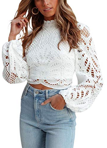 Loalirando Haut Court en Dentelle Femme à Manches Longues Crop Top Chemise Décontracté Evidé au Crochet à Col Montant, Blanc, S