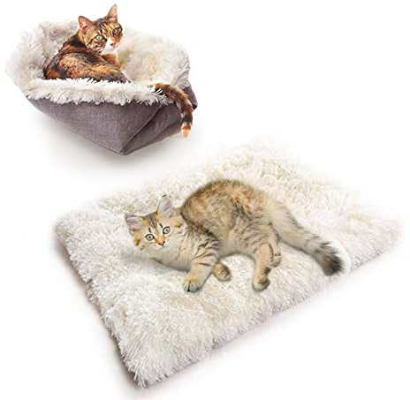 TUAKIMCE Cat Beds for Medium Cats and Dogs Function 2 in 1 Plush Soft Blanket and Cat Beds for Indoor Cats Warm Fluffy Pet Mat Puppy Bed Kitten Bed Washable (White1)