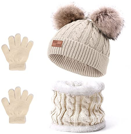 Balakaka Cappello Guanti Sciarpe Set Bambino Invernale, 3 in 1 Carino Caldo Berretto Lavorato in Maglia con Pompon, Morbido Caldi Guanti Cappelli Inverno per Bambina Bambini Ragazzo Ragazza 2-8 Anni