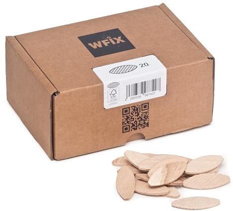 Tacos planos de WFix tamaño 20, 250 unidades de tacos de haya maciza en cartón robusto, compatible con la fresadora de tacos y fresadora de laminillas, tacos de madera como Lamello
