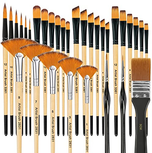 Pinselset Acrylfarben, 32 Acryl Pinsel Set, Nylonpinselset Acrylfarben, Künstlerpinsel mit rund, eckig, flach, Fan Pinsel Set für Künstler und Anfänger zum Malen